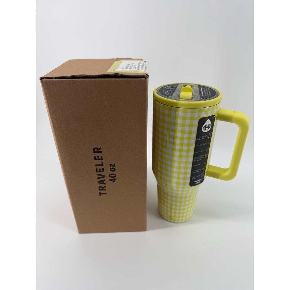 HydroJug Traveler 40oz Tumbler Anthropologie Yellow Gingham Stainless Steel Mug